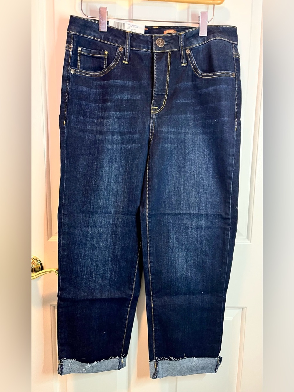 Seven7 Women's Dark Blue Stretch Tower Straight Cropped Jeans - Rolled Hem